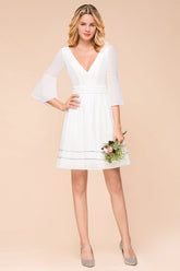 Chic V-Neck 3/4 Sleeves Short White Bridesmaid Dress with Sequins