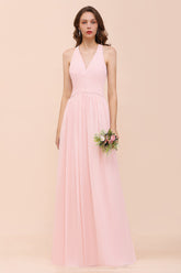 Chic V-Neck Blushing Pink Chiffon Affordable Bridesmaid Dress with Ruffle