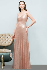 Chic V-Neck Spaghetti-Straps Sequined Long Bridesmaid Dresses Affordable