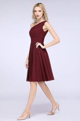 Chiffon One Shoulder Ruffle Short Burgundy Bridesmaid Dresses Online