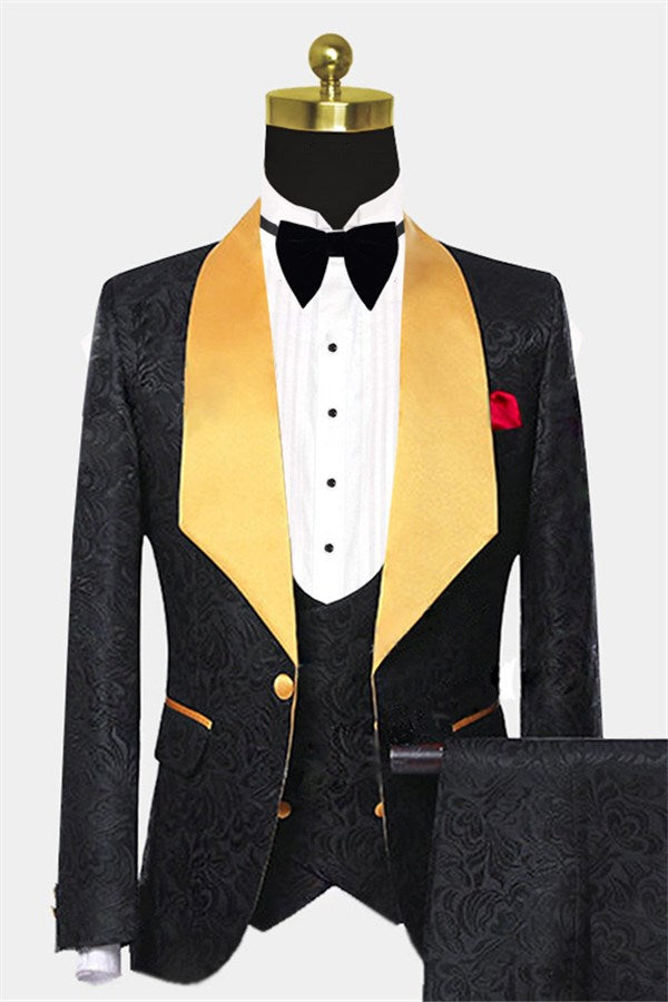 Newinlook Gold Three Piece Shawl Lapel Black Jacquard Suit for Men's Wedding