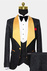 Newinlook Gold Three Piece Shawl Lapel Black Jacquard Suit for Men's Wedding