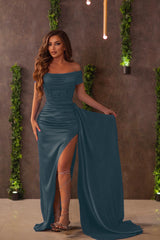 Newinlook Royal Blue Off-the-Shoulder Split Evening Dress With Ruffles