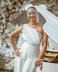 Newinlook Elegant One-Shoulder White Pleated Long Jump Suit