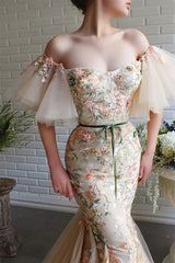 Newinlook Off-The-Shoulder Strapless Flowers Evening Dress Beadings With Appliques Mermaid