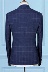 Newinlook Shining Dark Navy Three-Piece Groom and Groomsmen Suit with Plaid