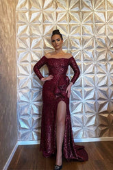 Newinlook Burgundy Sequins Long Sleeves Mermaid Evening Dress With Split