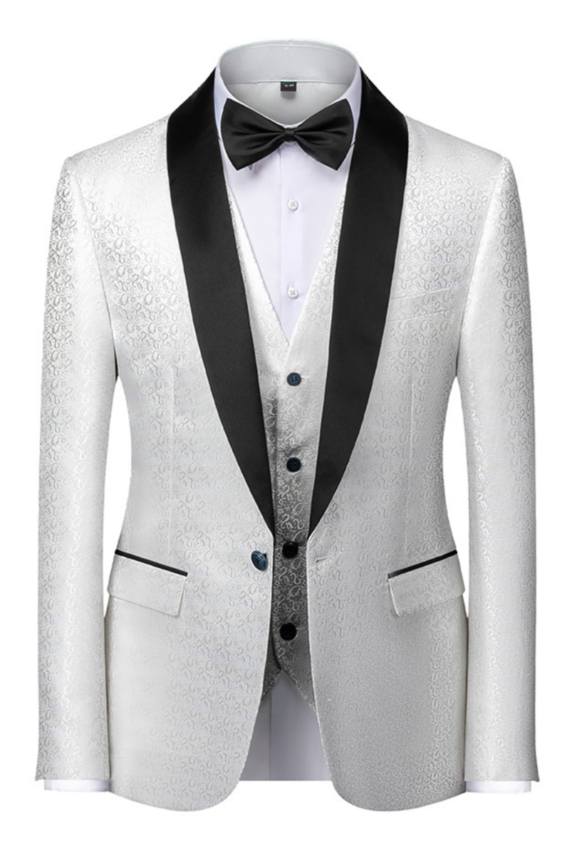 Newinlook Elegant Black and White Satin Shawl Lapel Prom Suit with Jacquard