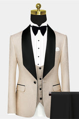 Newinlook Gentle Champagne Floral Jacquard Wedding Suit with Black Large Lapel