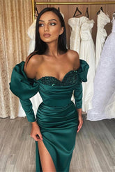 Newinlook Dark Green Sweetheart Slit Long Mermaid Evening Dress With Long Sleeves Sequins