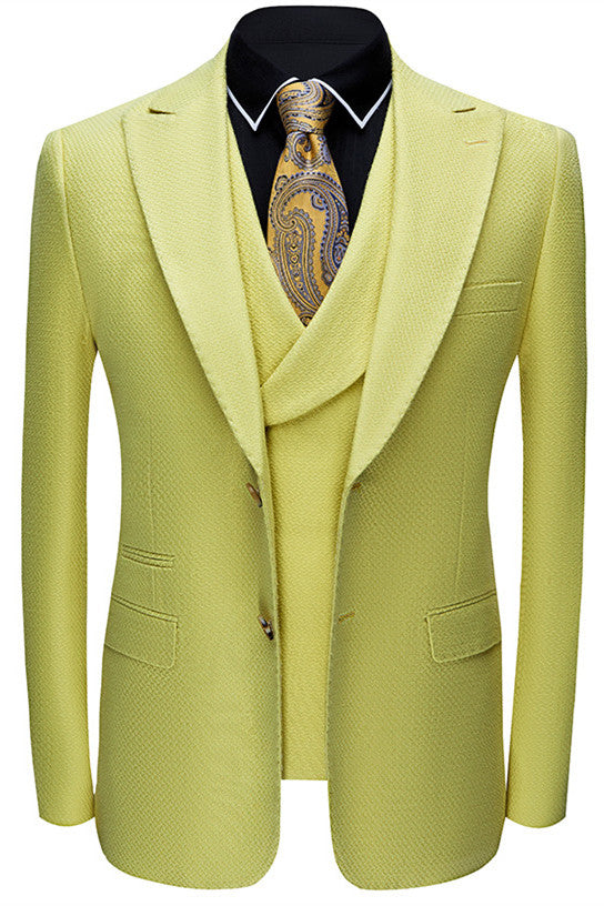 Newinlook Stylish Yellow Three-Piece Groom and Groomsmen Suit with Peaked Lapel