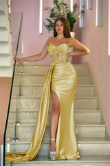 Newinlook Sky Blue Mermaid Sweetheart Split Sleeveless Evening Dress Satin Ruffle with Beads