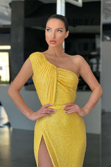 Newinlook Yellow Mermaid One-Shoulder Evening Dress Sequins Split