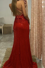 Newinlook Spaghetti-Straps Red Evening Dress Split With Sequins
