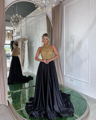 Elegant Sequins Formal Dress Gold Black Long Sleeveless Halter