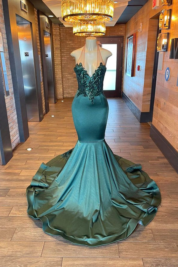 Newinlook Dark Green Sleeveless Halter Mermaid Evening Dress