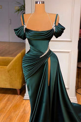 Dark Green Off-the-Shoulder Prom Dress Mermaid Side Slit