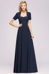 Dark Navy Open-Back Long Bridesmaid Dress With Short Sleeves