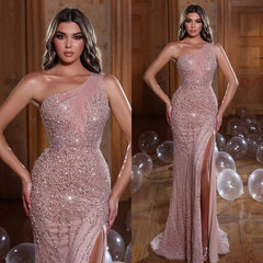 Newinlook One Shoulder Pink Pearl Sequins Mermaid Evening Dress With Beads Split