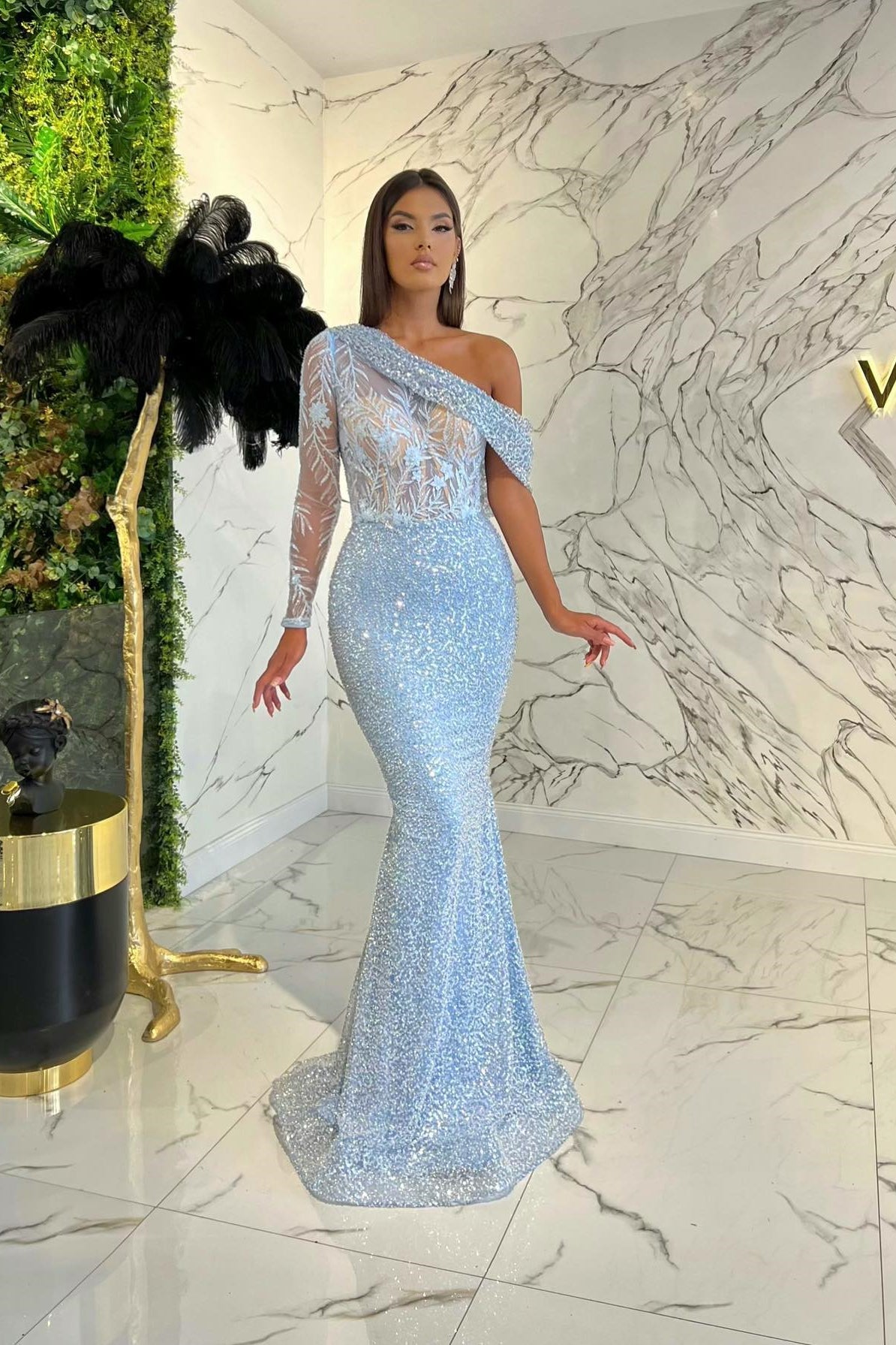 Newinlook Amazing One Shoulder Long Sleeve Evening Dress Mermaid Sequins