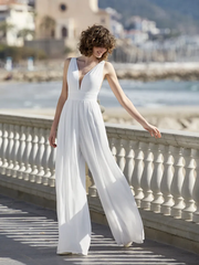 Newinlook Charming White V-Neck Sleeveless Satin Long Jump Suit