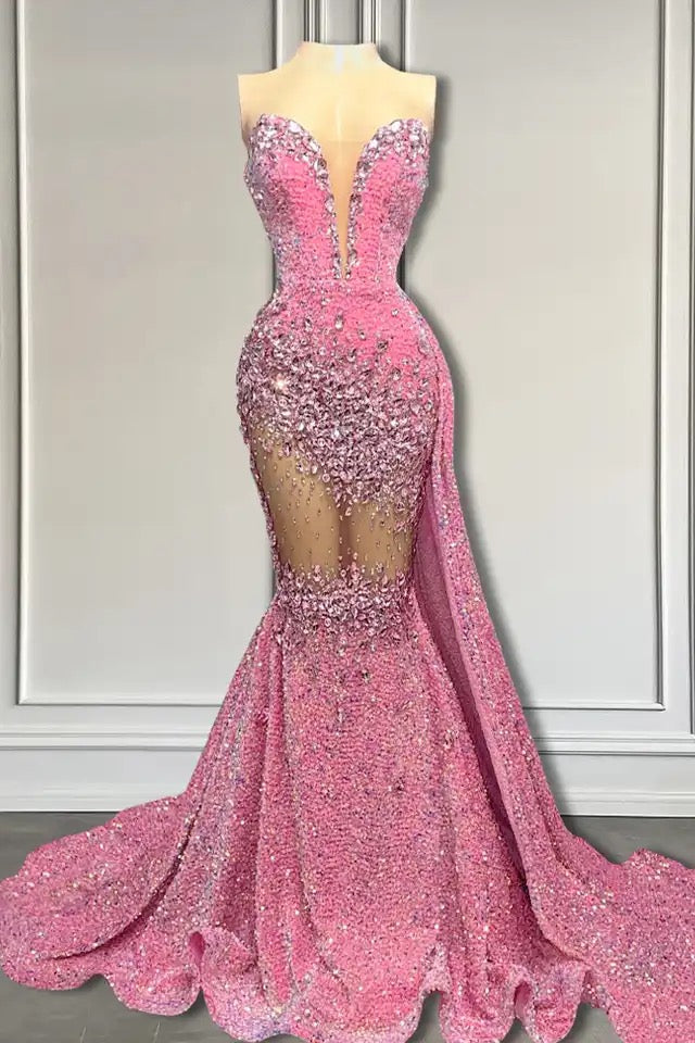 Glamorous V-Neck Sequins Prom Dresses Mermaid Sleeveless Crystal