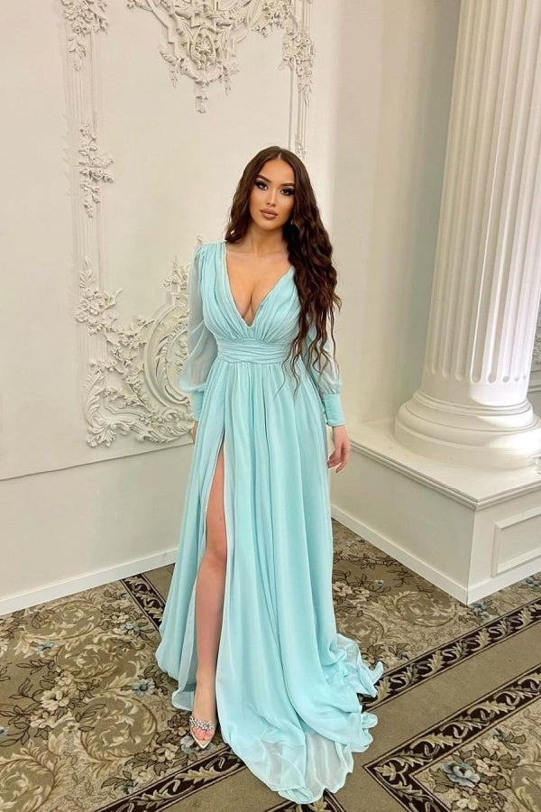 Newinlook Mint V-Neck Chiffon Split Long Charming Evening Dress With Long Sleeves