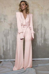 Newinlook Charming Long Sleeves White V-Neck Long Jump Suit With Belt