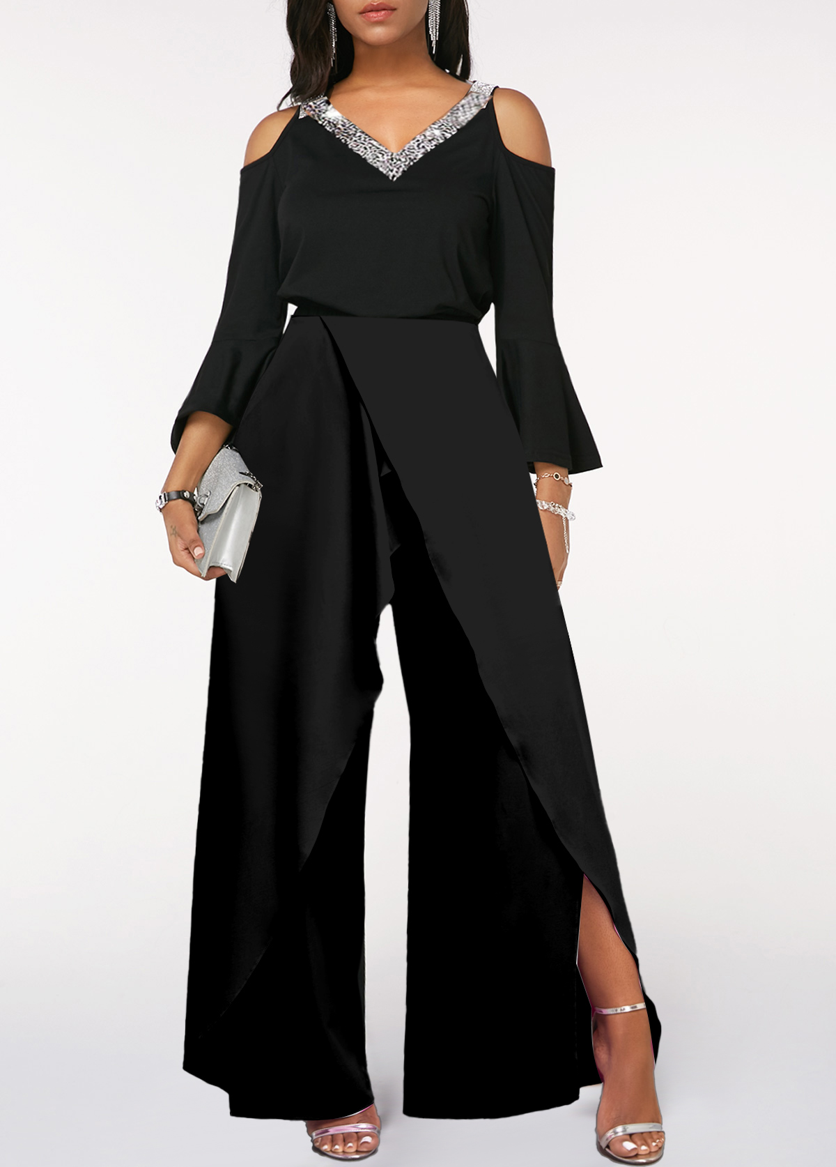 Newinlook Chic Black V-Neck Long Sleeves Jump Suit