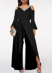 Newinlook Chic Black V-Neck Long Sleeves Jump Suit