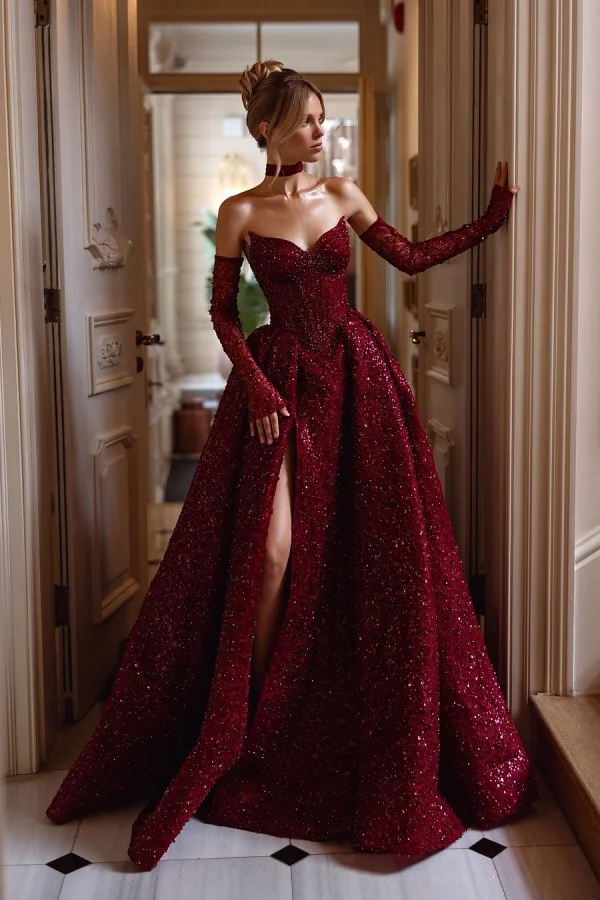 Strapless Sleeveless Long Split Formal Dress With Sequins Detachable sleeves
