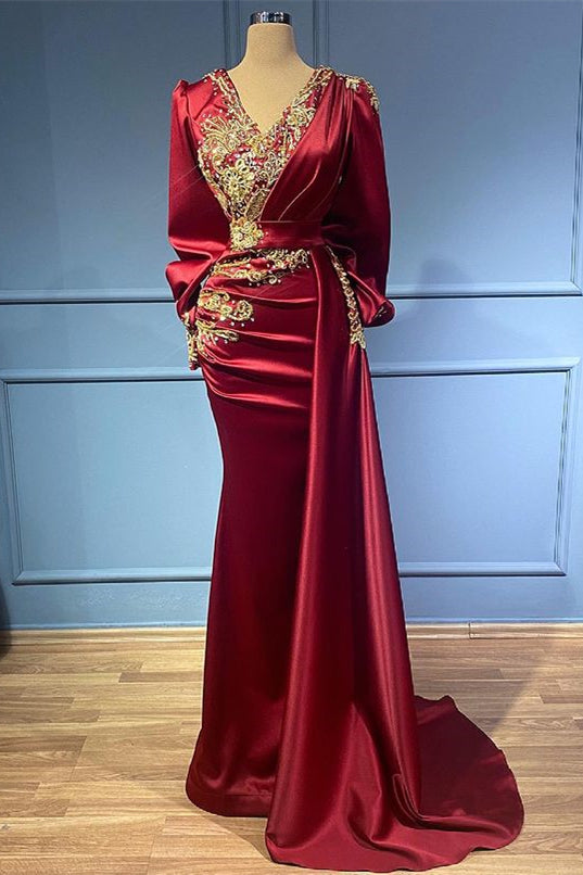 Newinlook Burgundy Mermaid Long Sleeves Beads Ruffles Evening Dress With Appliques