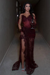 Strapless Sleeveless Long Mermaid Formal Dress With Split Lace