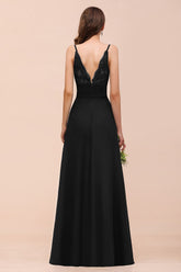 Deep V Neck Spaghetti Straps Slit Long Black Bridesmaid Dress