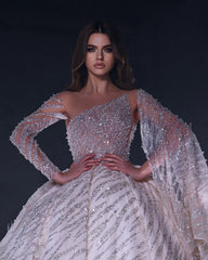 Opulent Floor-Length One-Shoulder A-Line Sequined Wedding Dress with Ruffled Embellishments