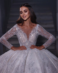 Luxurious Floor-Length Sweetheart Long Sleeve A-Line Sequined Wedding Gown with Ruffle Accents