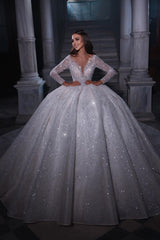 Luxurious Floor-Length Sweetheart Long Sleeve A-Line Sequined Wedding Gown with Ruffle Accents