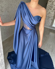 Designer Long Blue A-line Prom Dress with One Shoulder and Sleeveless Style