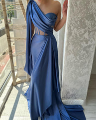 Designer Long Blue A-line Prom Dress with One Shoulder and Sleeveless Style