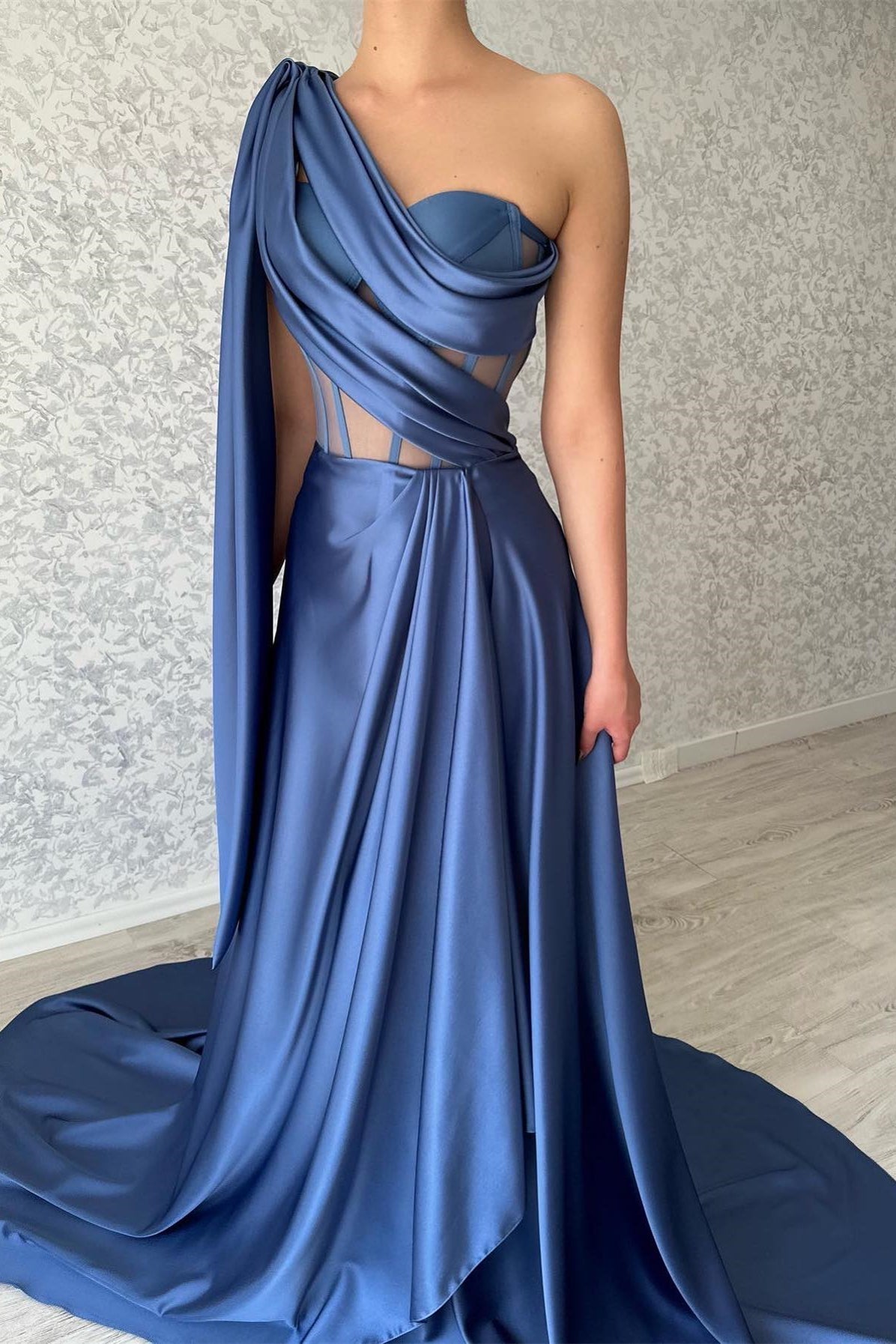 Designer Long Blue A-line Prom Dress with One Shoulder and Sleeveless Style