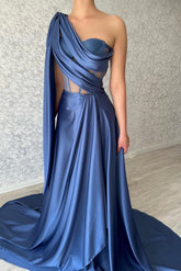 Designer Long Blue A-line Prom Dress with One Shoulder and Sleeveless Style