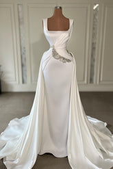 Designer Long Ivory A-line Strap Wedding Dress with Jewels Sleeveless and Train