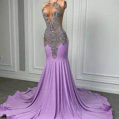 Fabulous Long Lilac Sleeveless Halter Mermaid Formal Dresses With Beads