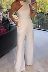 Newinlook Seductive White One-Shoulder Long Summer Party Jump Suit