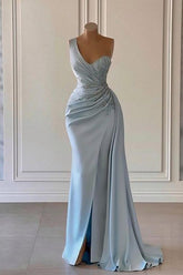 Dusty Blue One Shoulder Long Glitter Evening Dresses