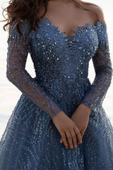 Dusty Blue Sequined A-Line Prom Gown with Long Sleeves and Sweetheart Neckline