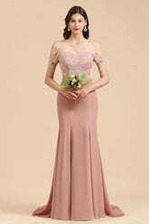 Dusty Rose Off-the-Shoulder Lace Bridesmaid Dress