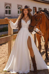 White Long Sleeves A line Long Formal Dress Softy With Front Split