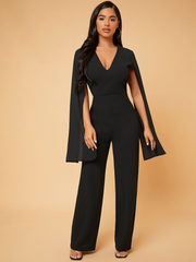 Newinlook Elegant Black V-Neck Long Jump Suit With Cape Sleeves