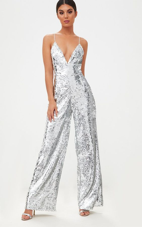 Newinlook Chic Spaghetti Strap V-Neck Sleeveless White Sequins Long Jump Suit
